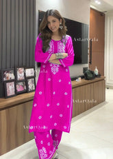 Chikankari Cotton Straight Kurta Set For Women (Rani Pink)