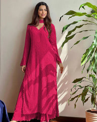 New Viscose Georgette Chikankari Kurta With Palazzo And Dupatta (Dark Pink)
