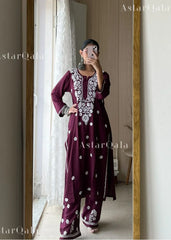Chikankari Cotton Straight Kurta Set For Women (Wine)