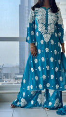 Dark Blue Chikankari Muslin Cord Set