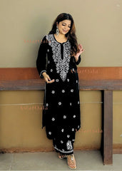 Chikankari Cotton Straight Kurta Set For Women (Black)