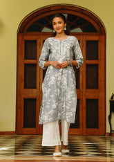 Zainab Chikankari Mulmul Printed Straight Kurta -Grey