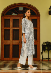 Zainab Chikankari Mulmul Printed Straight Kurta -Grey