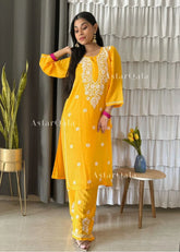 Chikankari Cotton Straight Kurta Set For Women(Yellow)