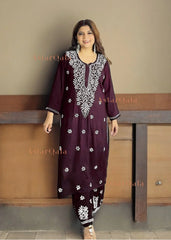 Chikankari Cotton Straight Kurta Set For Women (Wine)