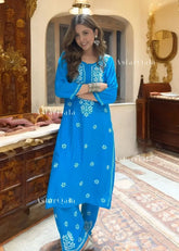 Chikankari Cotton Straight Kurta Set For Women (Dark Blue)