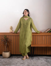 Viscose Georgette Straight Kurta Set With 3D Work (Olive Green )