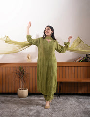 Viscose Georgette Straight Kurta Set With 3D Work (Olive Green )