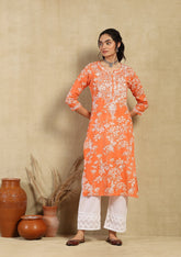 Zainab Chikankari Mulmul Printed Straight Kurta -Orange