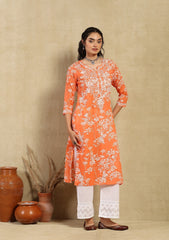 Zainab Chikankari Mulmul Printed Straight Kurta -Orange