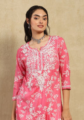 Zainab Chikankari Mulmul Printed Straight Kurta -Pink
