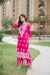 New LUCKNOW CHIKANKARI EXCLUSIVE KURTI_PENT PAIR DESIGN(Rani Pink)