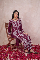 LUCKNOW CHIKANKARI EXCLUSIVE KURTI_PAIR PENT DESIGN (Maroon)