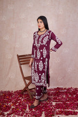LUCKNOW CHIKANKARI EXCLUSIVE KURTI_PAIR PENT DESIGN (Maroon)