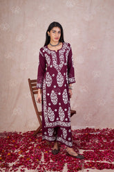 LUCKNOW CHIKANKARI EXCLUSIVE KURTI_PAIR PENT DESIGN (Maroon)