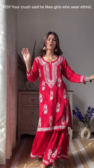 LUCKNOW CHIKANKARI EXCLUSIVE KURTI_PAIR PENT DESIGN (Red)