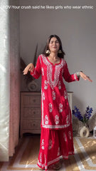LUCKNOW CHIKANKARI EXCLUSIVE KURTI_PAIR PENT DESIGN (Red)