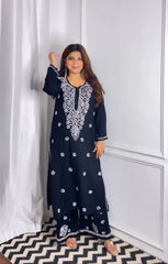 Chikankari Cotton Straight Kurta Set For Women (Black)