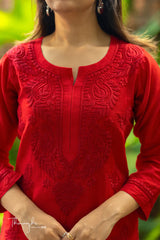 Red Chikankari Chanderi Kurta Pent Pair