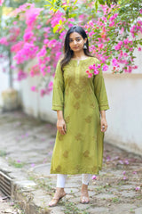 Olive Green Chikankari mul cotton Kurta Pent