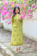 Olive Green Chikankari mul cotton Kurta Pent