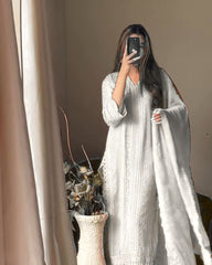 RUNNING WEAR TRENDING FAUX GEORGETTE TOP COTTON THREAD EMBROIDERED WORK AND WORK PLAZO WITH DUPATTA (WHITE)