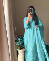 RUNNING WEAR TRENDING FAUX GEORGETTE TOP COTTON THREAD EMBROIDERED WORK AND WORK PLAZO WITH DUPATTA (Sky Blue)