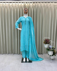 RUNNING WEAR TRENDING FAUX GEORGETTE TOP COTTON THREAD EMBROIDERED WORK AND WORK PLAZO WITH DUPATTA (Sky Blue)