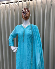 RUNNING WEAR TRENDING FAUX GEORGETTE TOP COTTON THREAD EMBROIDERED WORK AND WORK PLAZO WITH DUPATTA (Sky Blue)