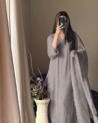 RUNNING WEAR TRENDING FAUX GEORGETTE TOP COTTON THREAD EMBROIDERED WORK AND WORK PLAZO WITH DUPATTA (Gray)