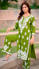 New LUCKNOW CHIKANKARI EXCLUSIVE KURTI_PENT PAIR DESIGN (Dark Green)