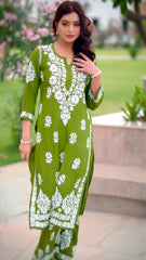 New LUCKNOW CHIKANKARI EXCLUSIVE KURTI_PENT PAIR DESIGN (Dark Green)