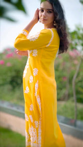 New LUCKNOW CHIKANKARI EXCLUSIVE KURTI_PENT PAIR DESIGN(Yellow)