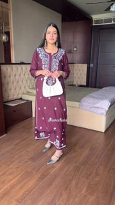 Chikankari Cotton Straight Kurta Set For Women (Wine)