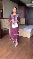 Chikankari Cotton Straight Kurta Set For Women (Wine)