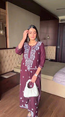 Chikankari Cotton Straight Kurta Set For Women (Wine)