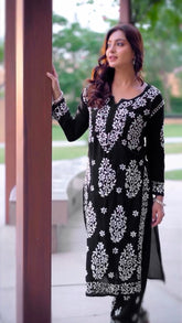 LUCKNOW CHIKANKARI EXCLUSIVE KURTI_PAIR PENT DESIGN (Black)
