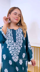 LUCKNOW CHIKANKARI EXCLUSIVE KURTI_PAIR PENT DESIGN (Zinc green)