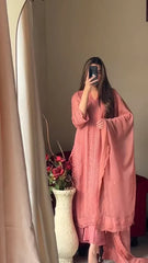 Peach Chikankari Kurta With Palazzo And Dupatta