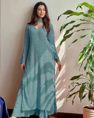 New Viscose Georgette Chikankari Kurta With Palazzo And Dupatta (Rama)