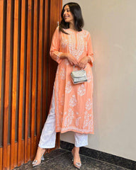 WOMEN CHIKAN EMBROIDERY Kurti_Pent Pair Design (Peach)