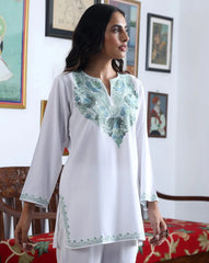 Aari Embroidered Cotton Solid Women's Short Kurta - White