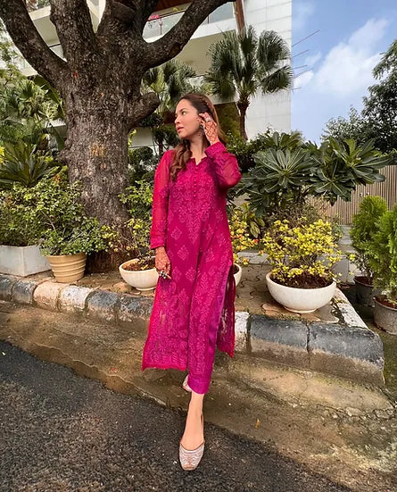 HAANIA DEEP PINK PREMIUM VISCOSE PURE HAND EMBROIDERED CHIKANKARI LONG KURTA