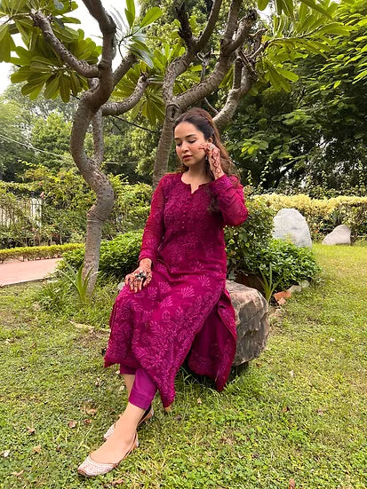 HAANIA DEEP PINK PREMIUM VISCOSE PURE HAND EMBROIDERED CHIKANKARI LONG KURTA