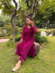 HAANIA DEEP PINK PREMIUM VISCOSE PURE HAND EMBROIDERED CHIKANKARI LONG KURTA