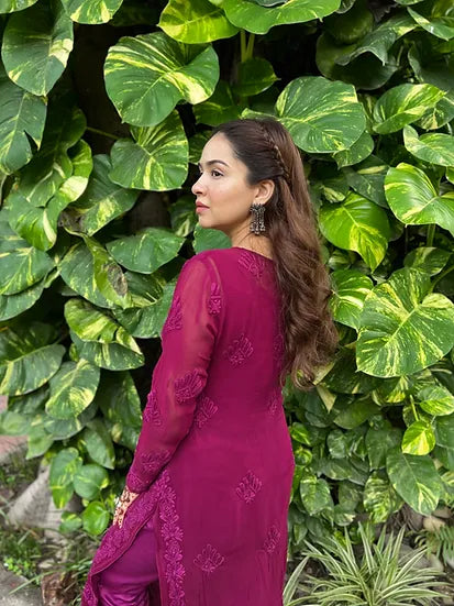 HAANIA DEEP PINK PREMIUM VISCOSE PURE HAND EMBROIDERED CHIKANKARI LONG KURTA