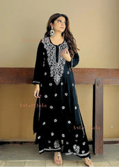 Chikankari Cotton Straight Kurta Set For Women (Black)