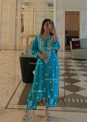 Chikankari Cotton Straight Kurta Set For Women (Blue)