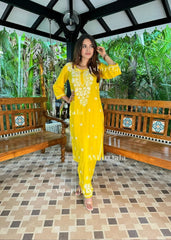 Chikankari Cotton Straight Kurta Set For Women(Yellow)