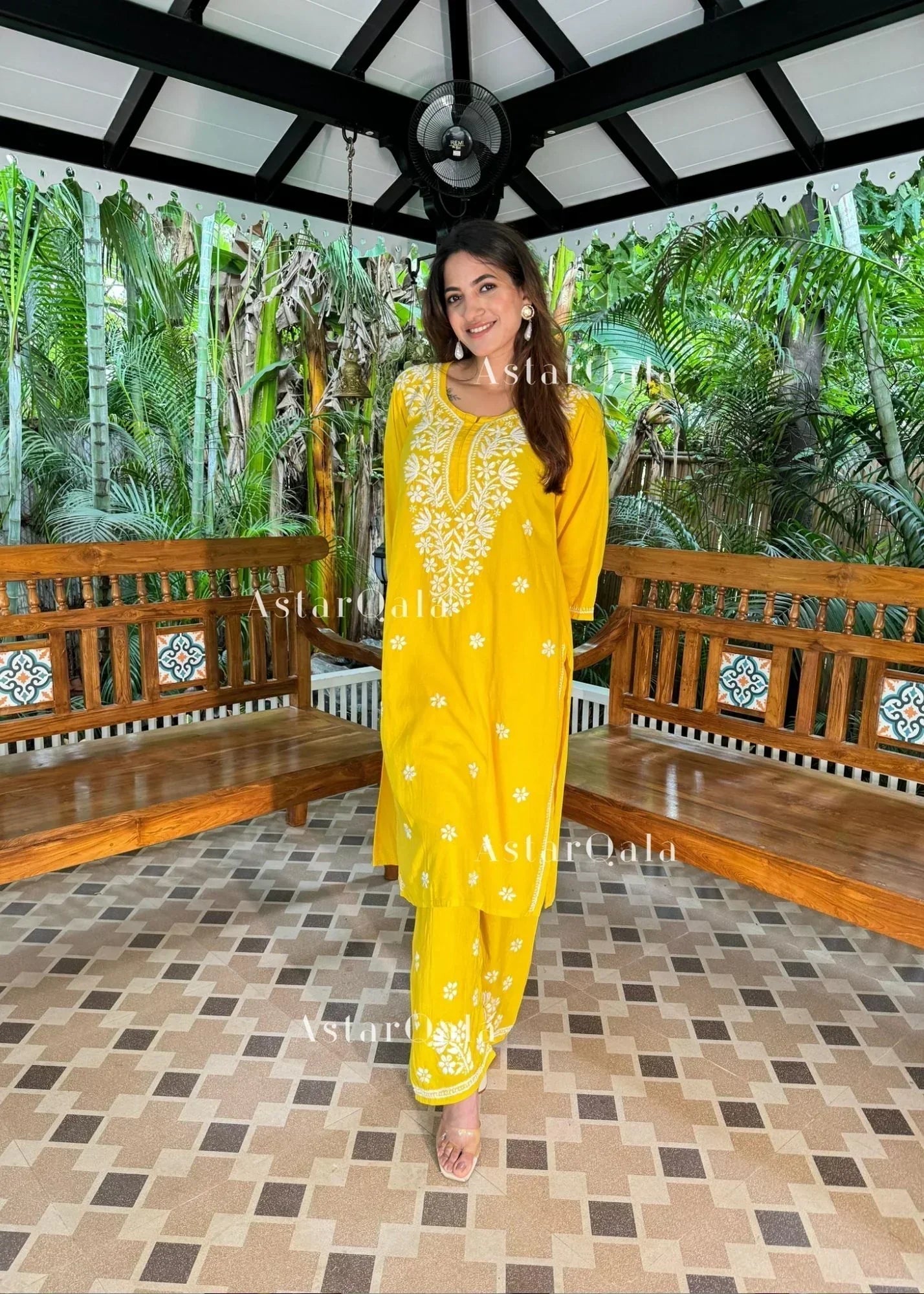Chikankari Cotton Straight Kurta Set For Women(Yellow)